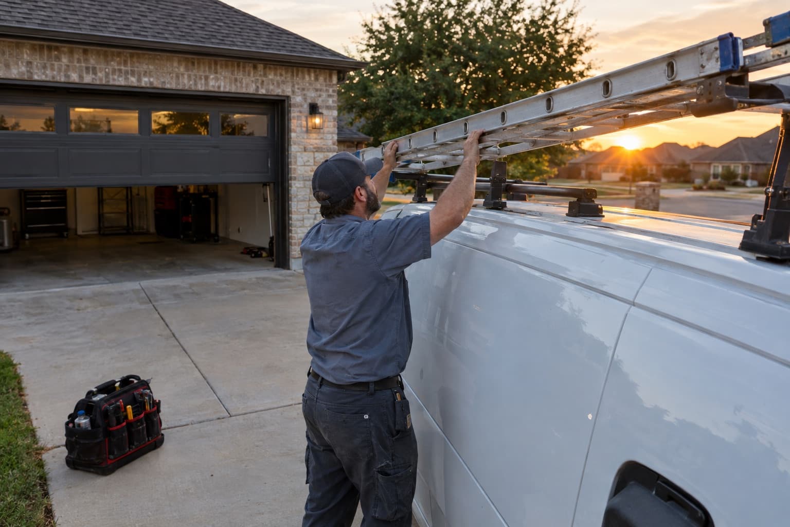 A garage door technician loading a ladder onto his van at dusk