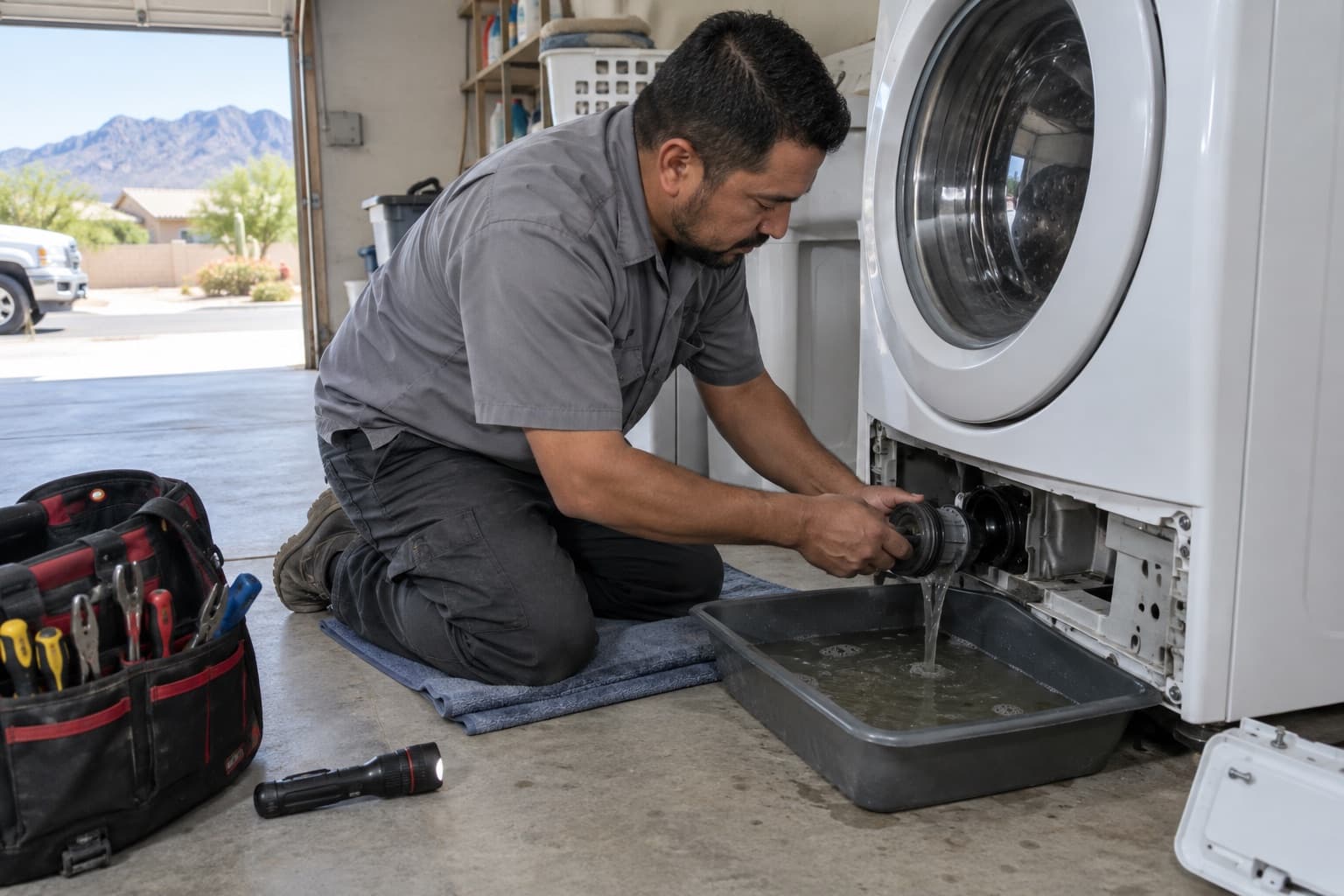 An appliance technician kneeling at a front-load washer with its lower panel off, draining water from the pump into a pan