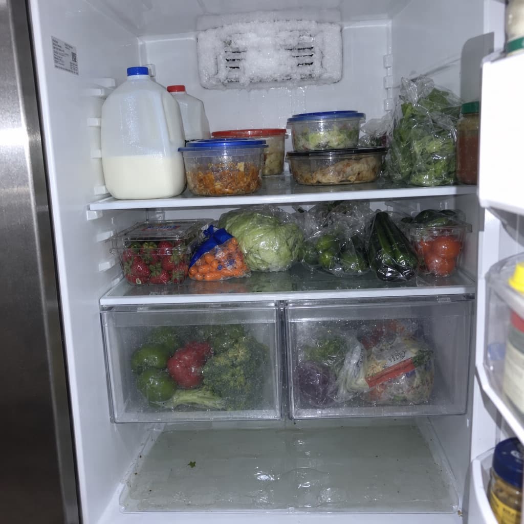 A caller's phone photo of the inside of a warm refrigerator, with frost on the back air vent and water pooled under the crisper drawers
