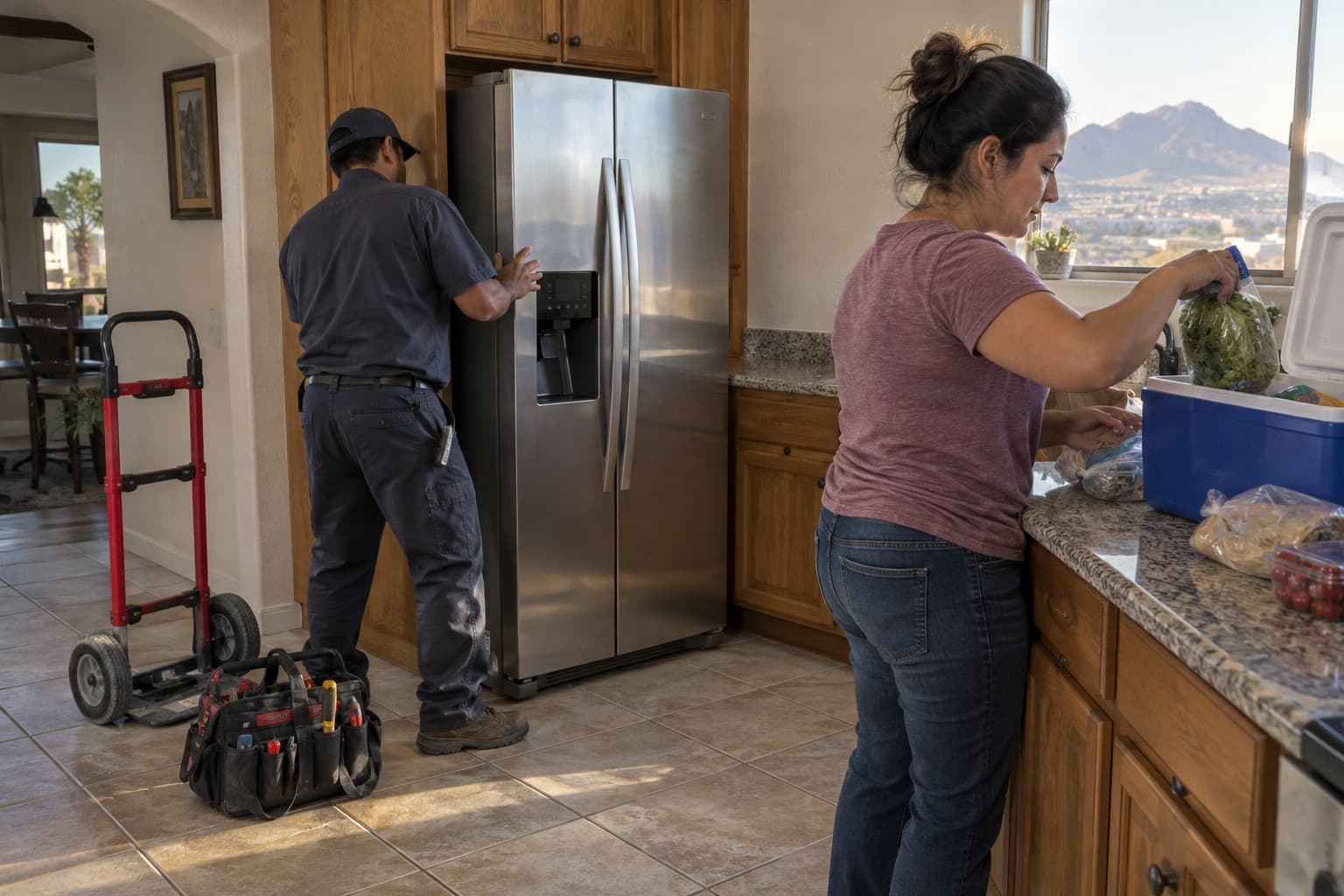 A technician sliding a repaired refrigerator back into its kitchen nook while the homeowner unpacks groceries from a cooler