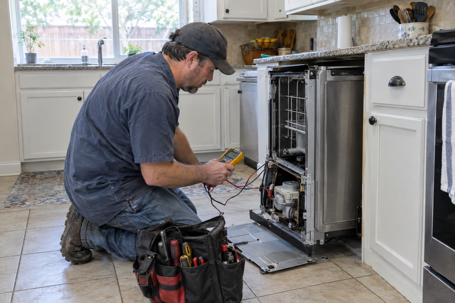 An appliance repair technician kneeling at a dishwasher pulled out from under a kitchen counter