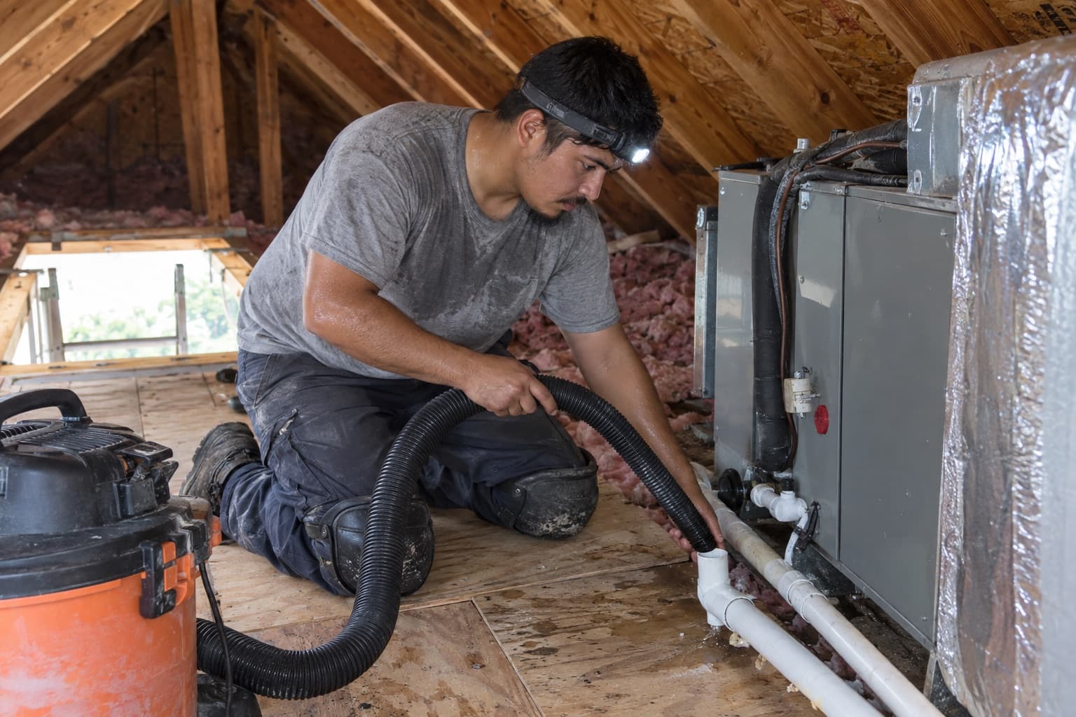 An HVAC technician kneeling in a hot attic beside the air handler, clearing its condensate drain line by headlamp