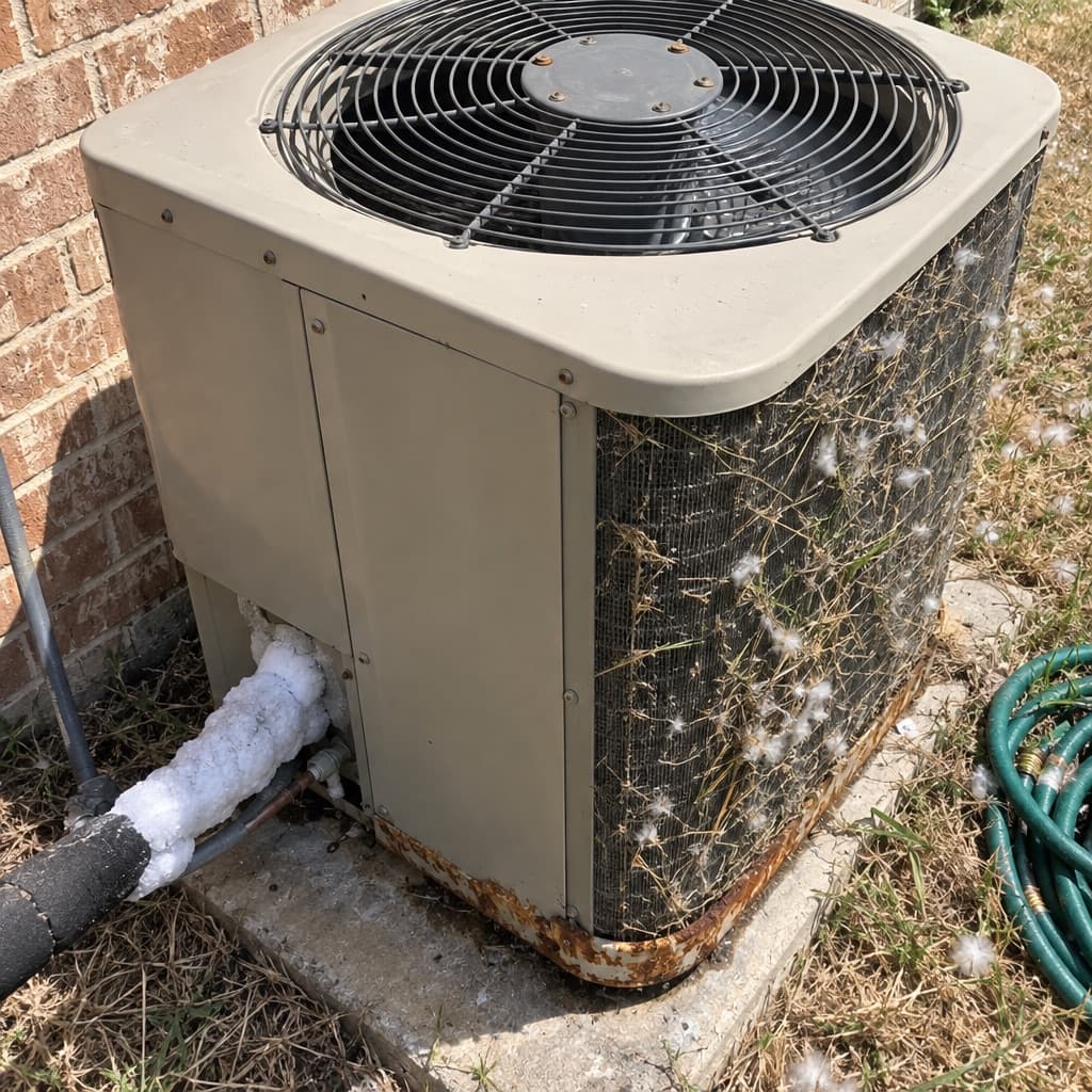 A caller's phone photo of an outdoor AC unit beside a brick wall, the large copper line into it coated in ice