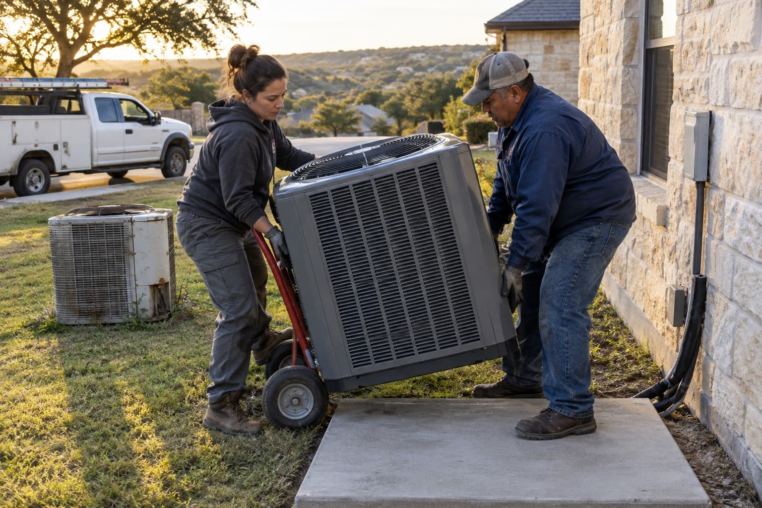 Two HVAC technicians setting a new outdoor AC unit on its pad beside a limestone house, the old unit on the grass behind them