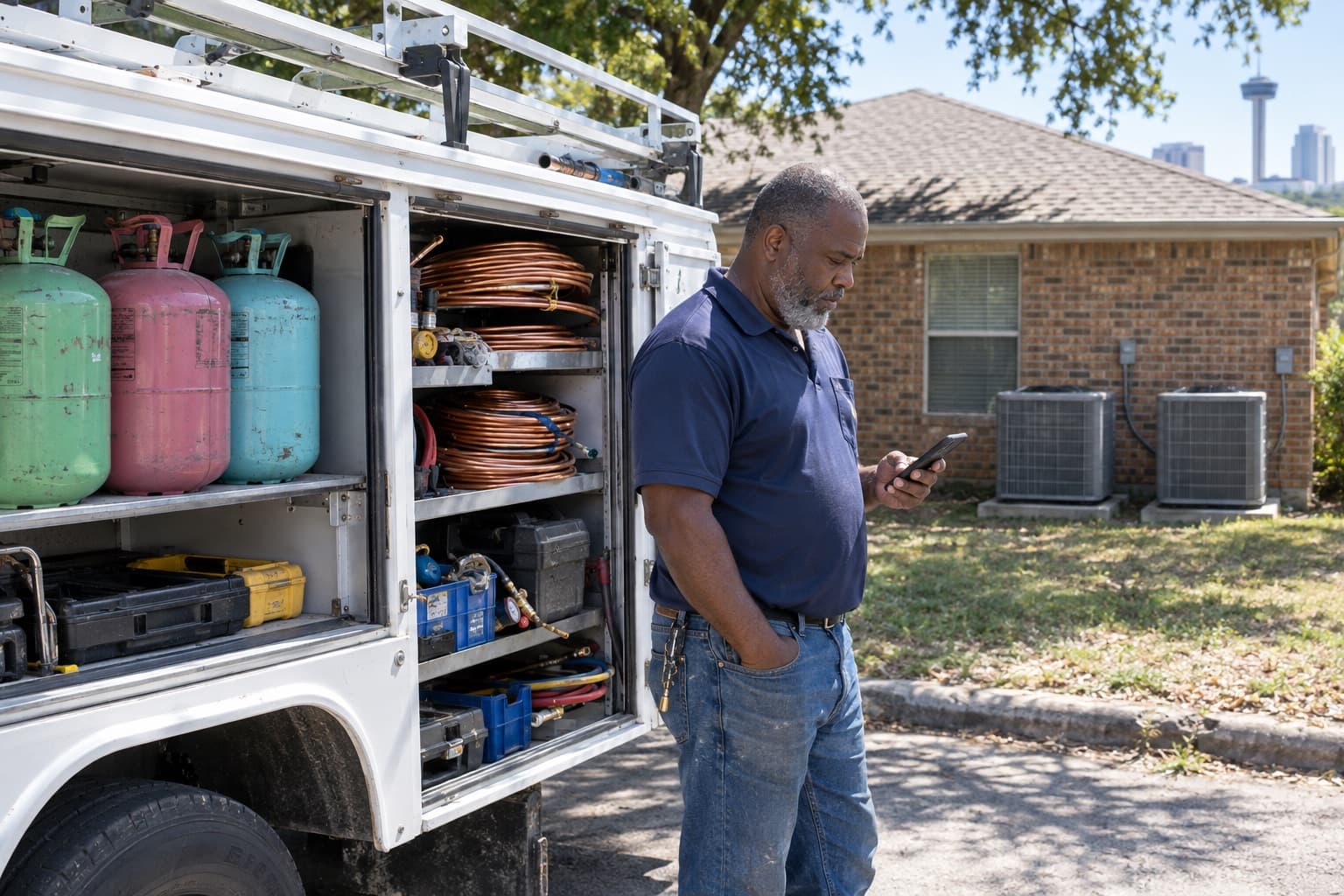 An HVAC company owner reading a text beside his service truck, refrigerant cylinders and copper tubing on its shelves