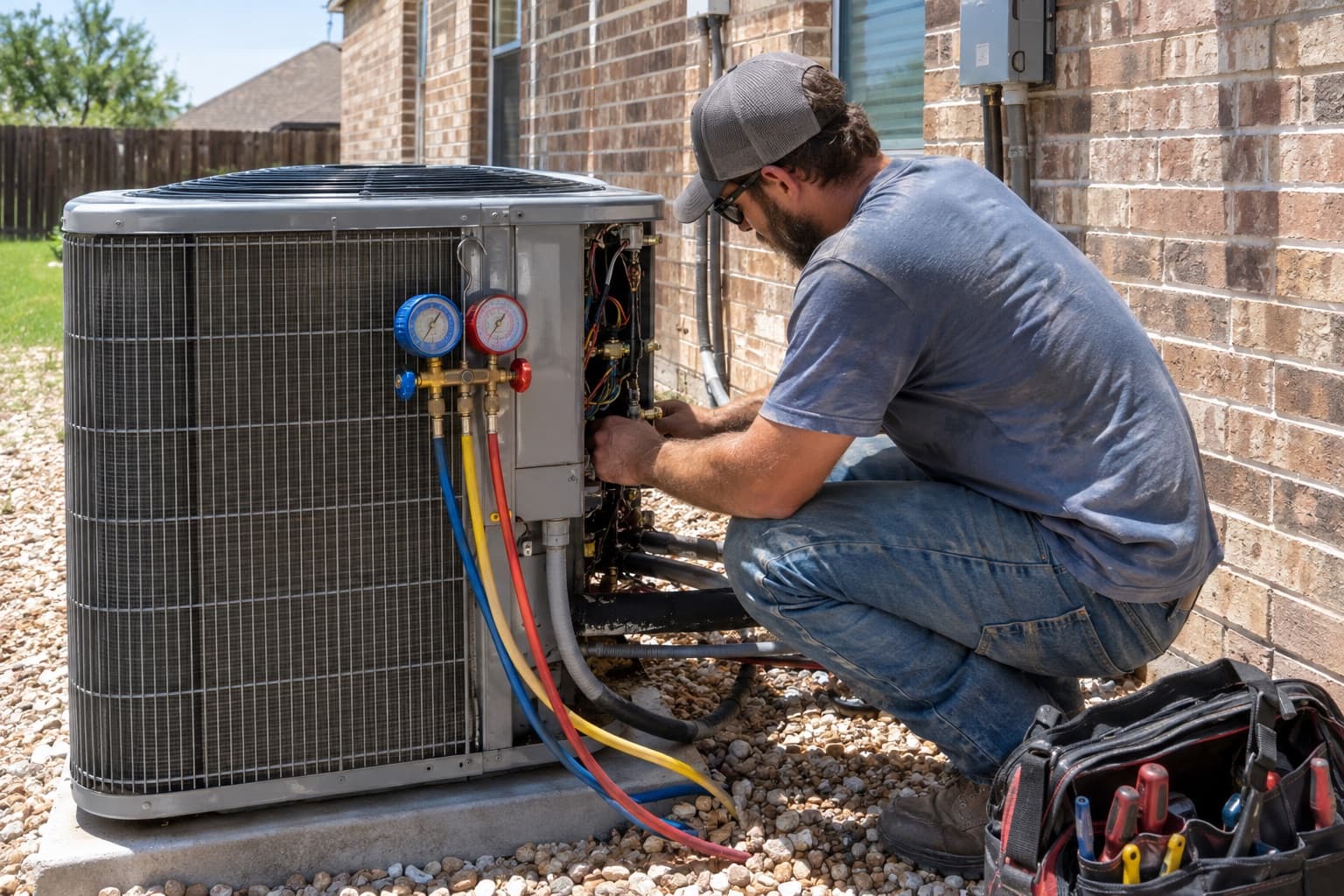 An air conditioning technician checking gauges on an outdoor unit beside a brick house