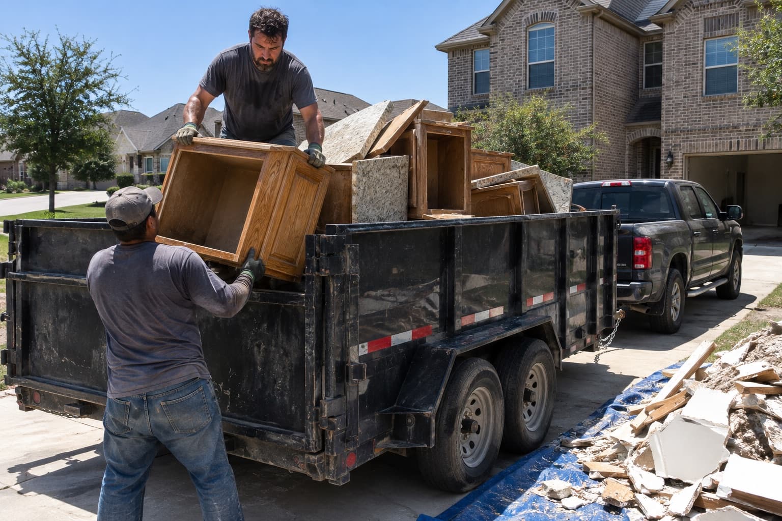 A junk hauler standing in a dump trailer, stacking old kitchen cabinets that his partner hands up from the driveway