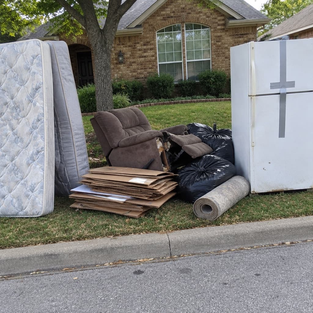 A caller's phone photo of a pile at the curb: a mattress and box spring, an old refrigerator, a broken recliner, boxes and trash bags