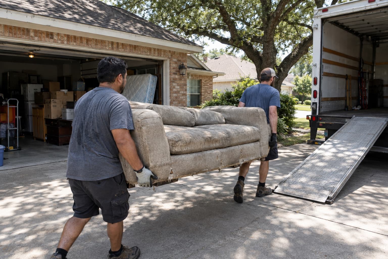 Two junk removal workers carrying an old sofa down a driveway to a box truck