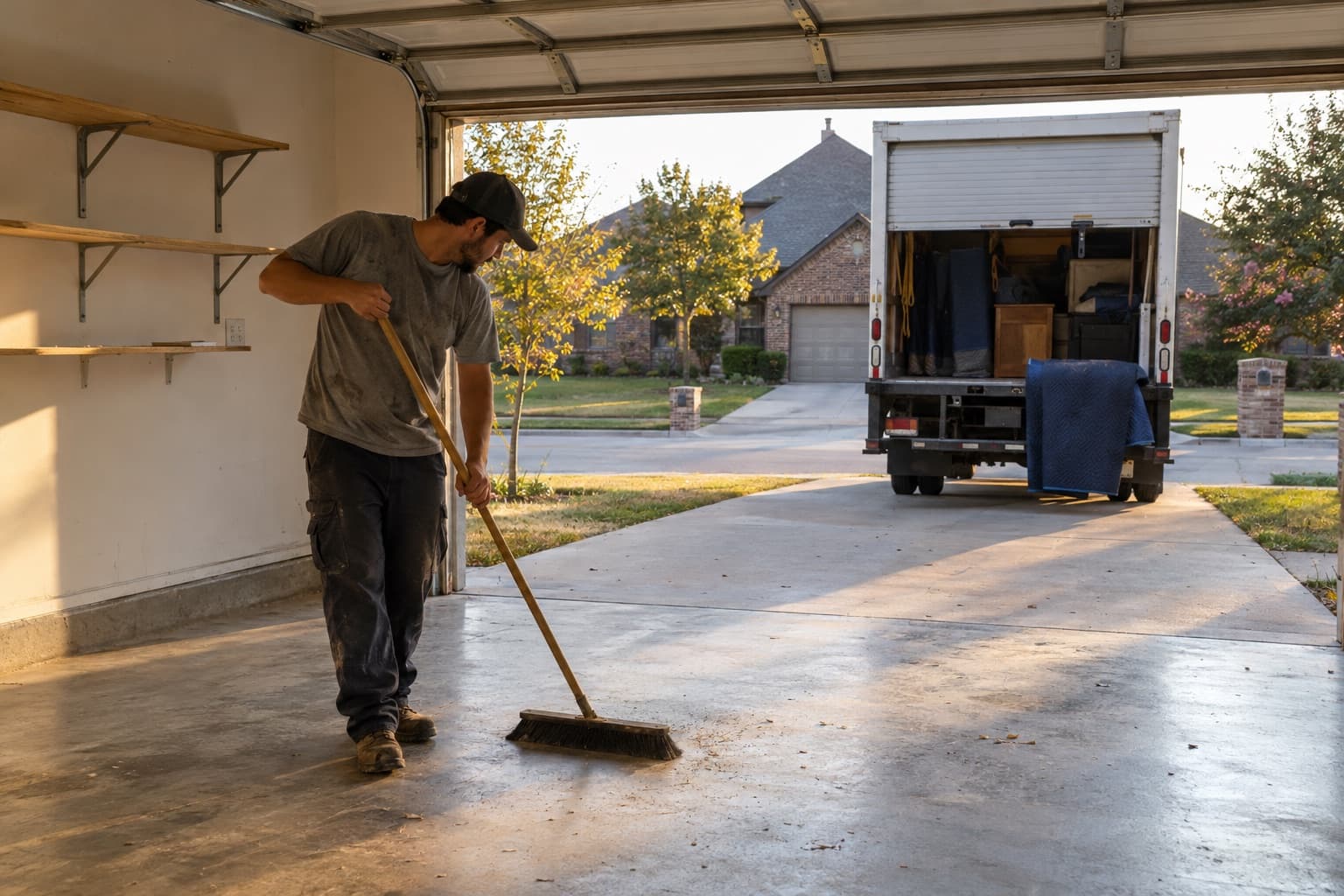 A junk removal worker sweeping out an emptied garage, the loaded truck waiting at the end of the driveway
