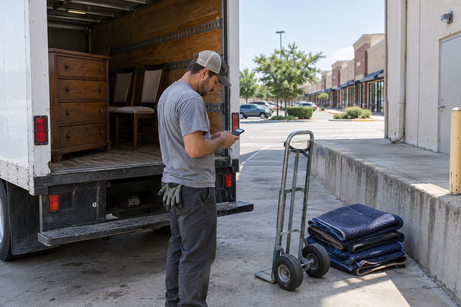 A junk removal company owner at a donation center's loading dock, checking his phone beside his half-unloaded box truck