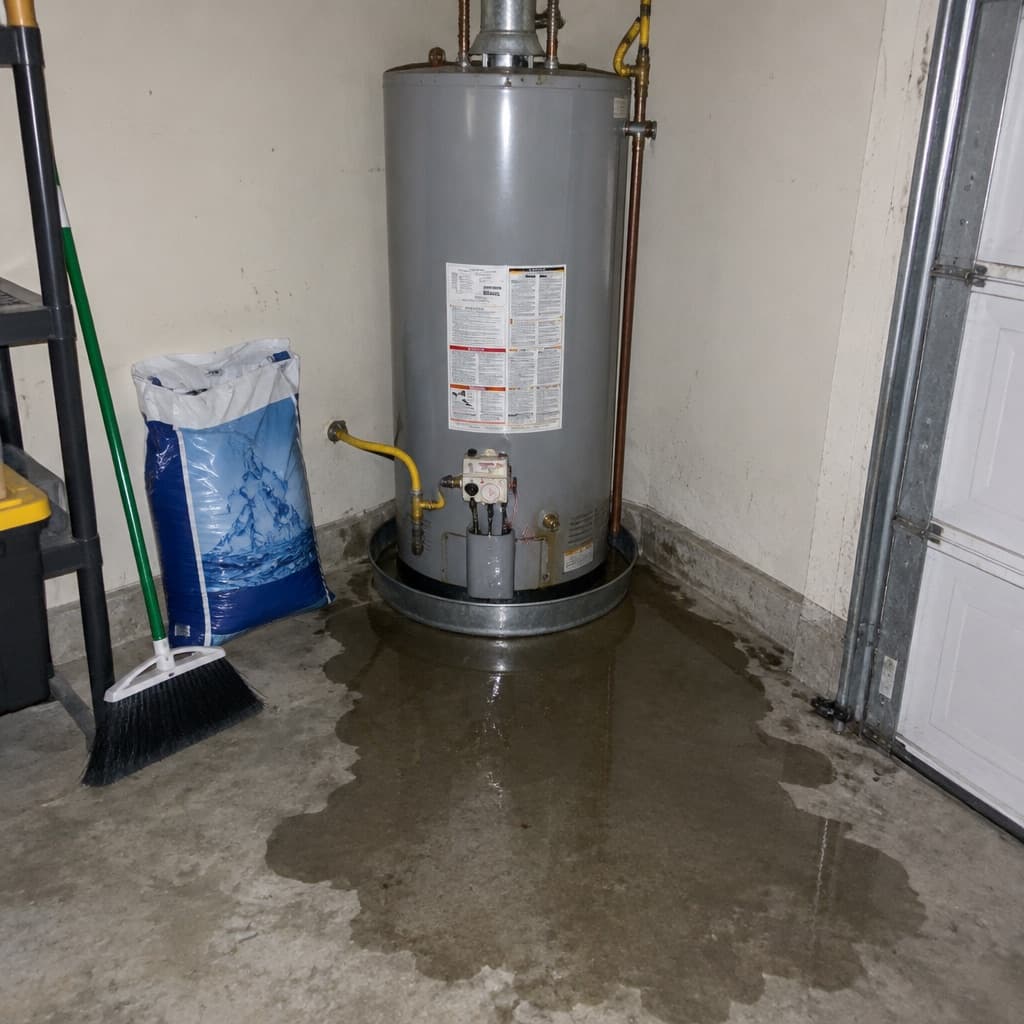A caller's phone photo of a gas water heater in a garage, with water pooling across the floor from its base