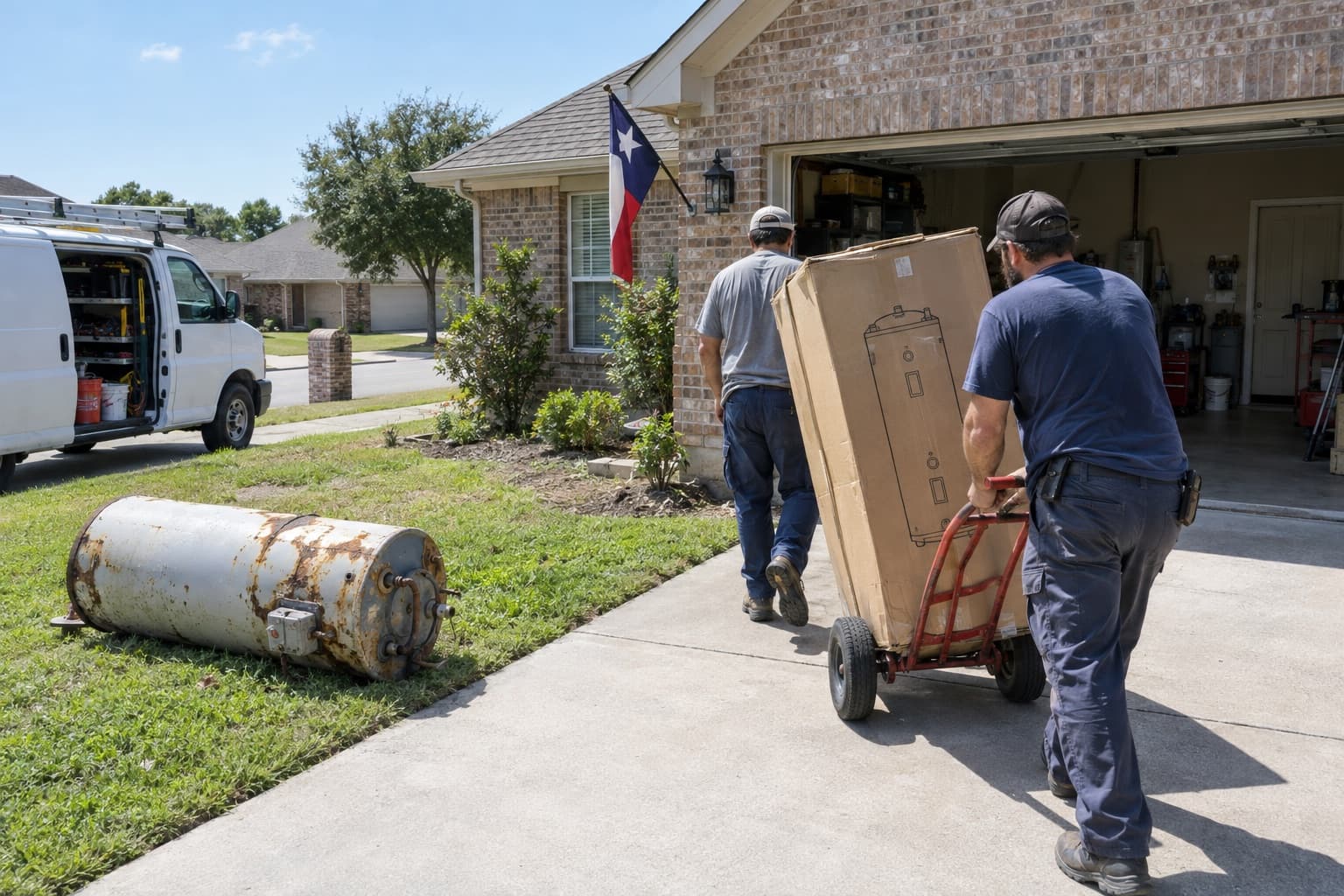Two plumbers wheeling a new water heater up a driveway, the old rusted tank on the lawn