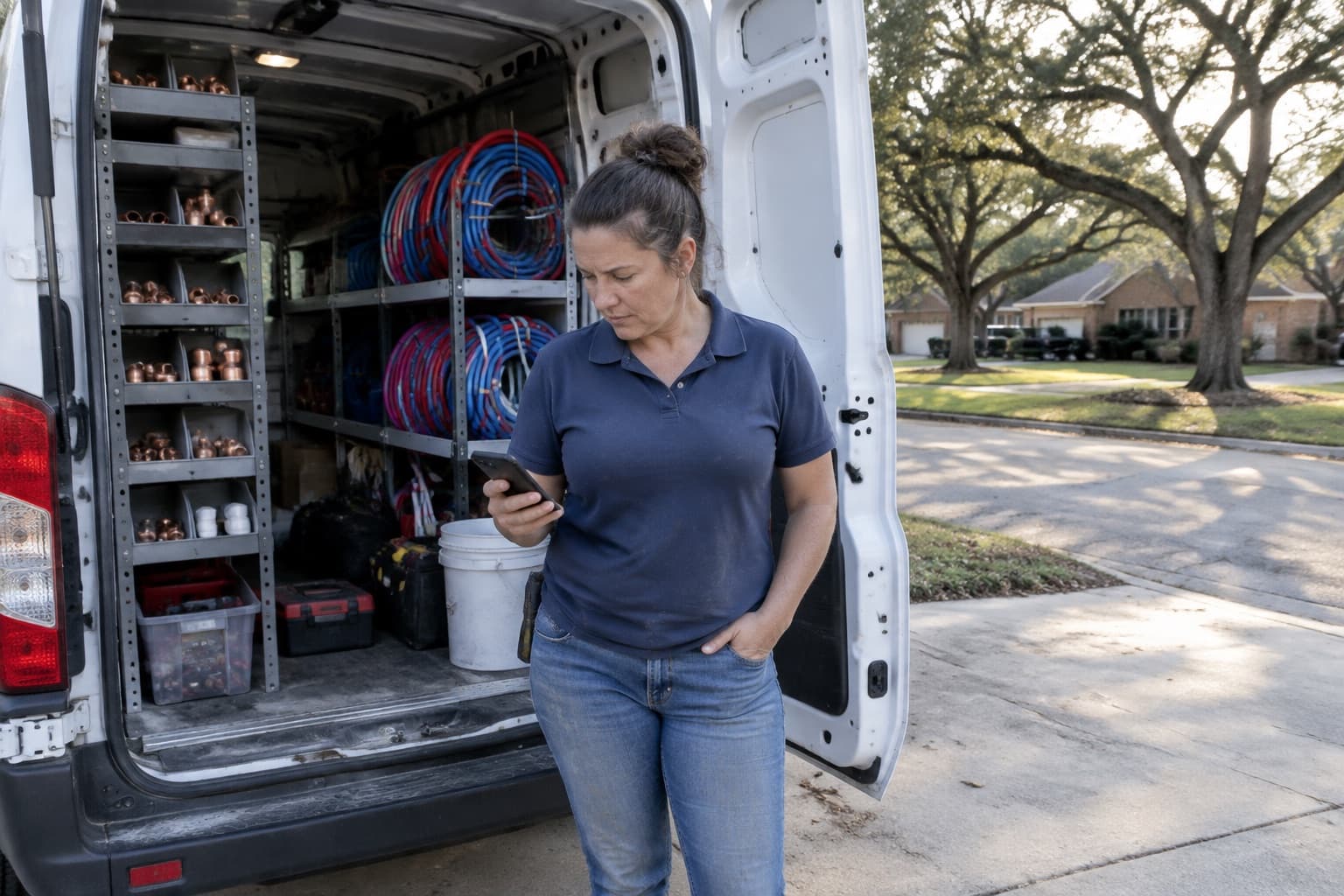 A plumbing company owner at the open back of her service van, checking her phone between jobs