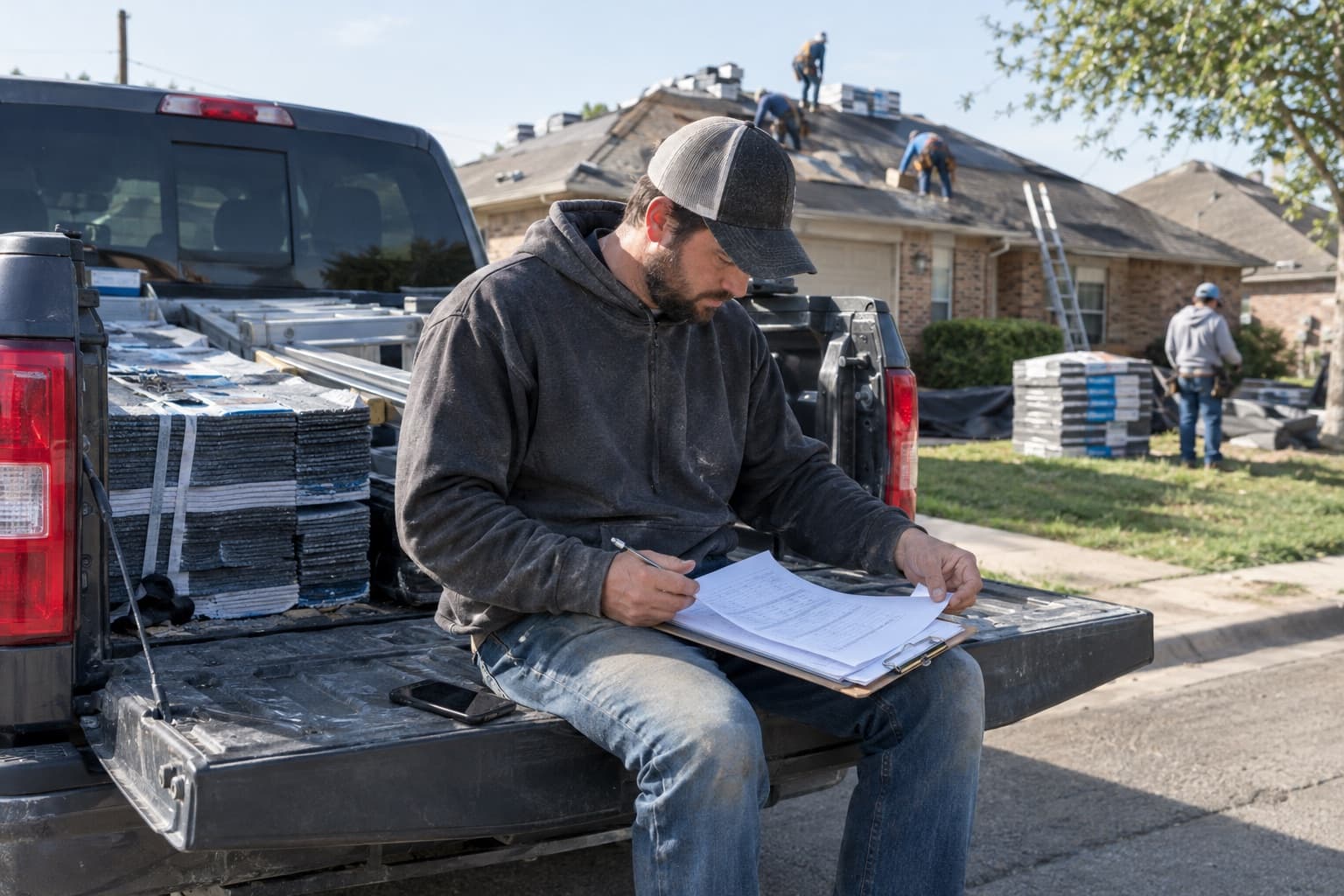 A roofing company owner going through estimates on the tailgate of his pickup