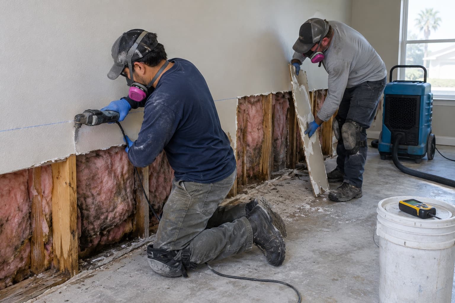 Two restoration technicians in respirators cutting out the bottom two feet of wet drywall in a den, a dehumidifier running behind them