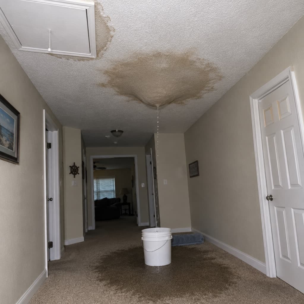 A caller's phone photo of a hallway ceiling with a brown water stain and sagging drywall, water dripping into a bucket on the carpet