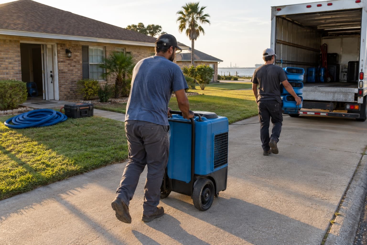 A restoration crew loading air movers and dehumidifiers into a box truck at the end of a job, late afternoon