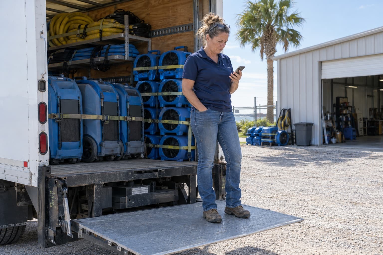 The owner of a restoration company on the lift gate of a box truck loaded with dehumidifiers, reading a message on her phone