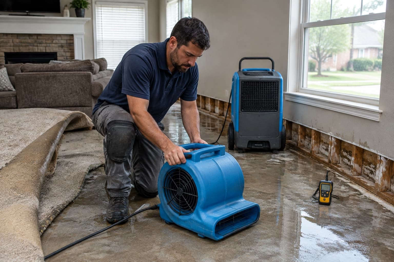 A water damage technician setting up an air mover on a wet living room floor