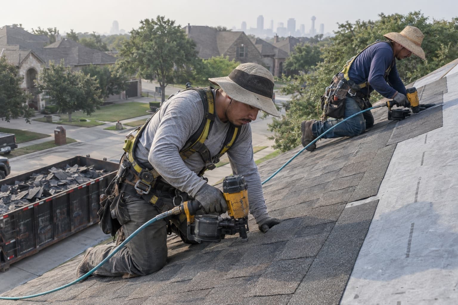 Two roofers nailing rows of new shingles over grey underlayment on a two-story Dallas house, a dumpster of torn-off shingles in the driveway below