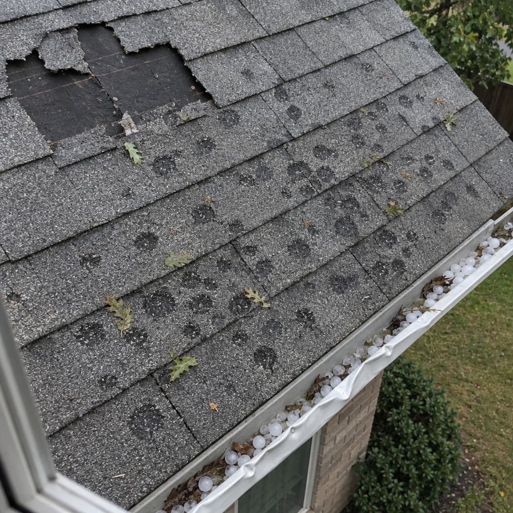 A homeowner's phone photo from an upstairs window of a shingle roof after hail: torn-off shingles, hail marks and a dented gutter with hailstones in it