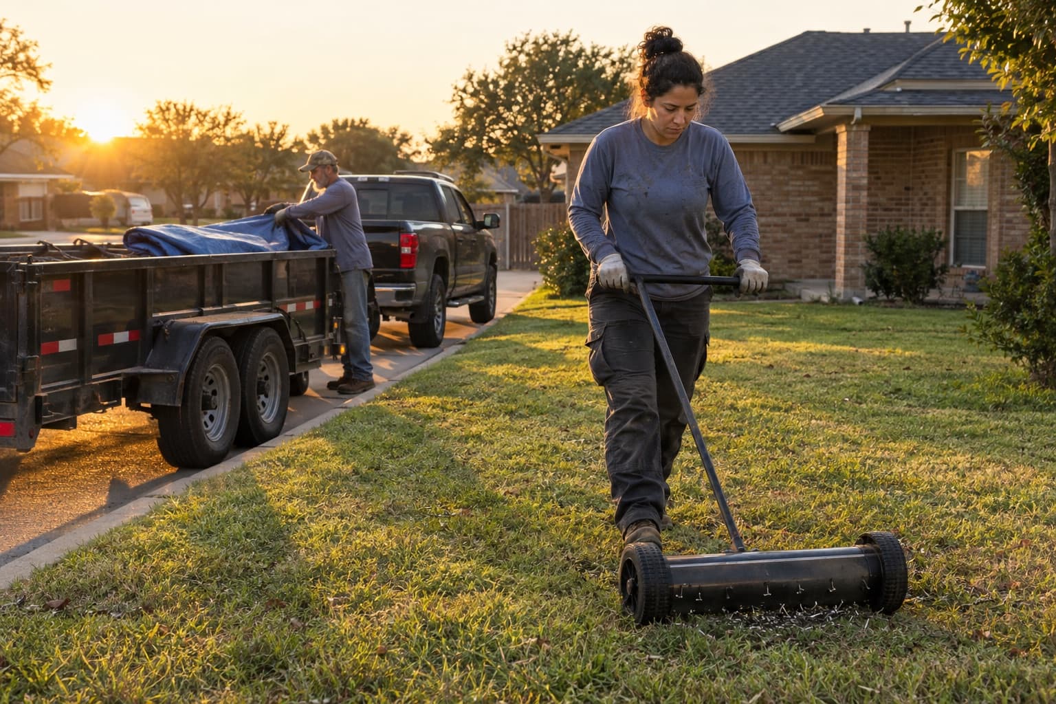 A roofer rolling a magnet sweeper across a front lawn for stray nails after a new roof, the crew loading the trailer behind him
