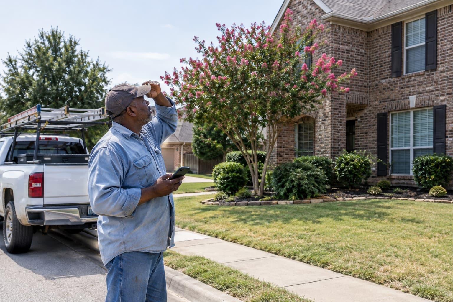 A roofing company owner on the sidewalk in front of a two-story brick house, looking up at the roof with his phone in his hand