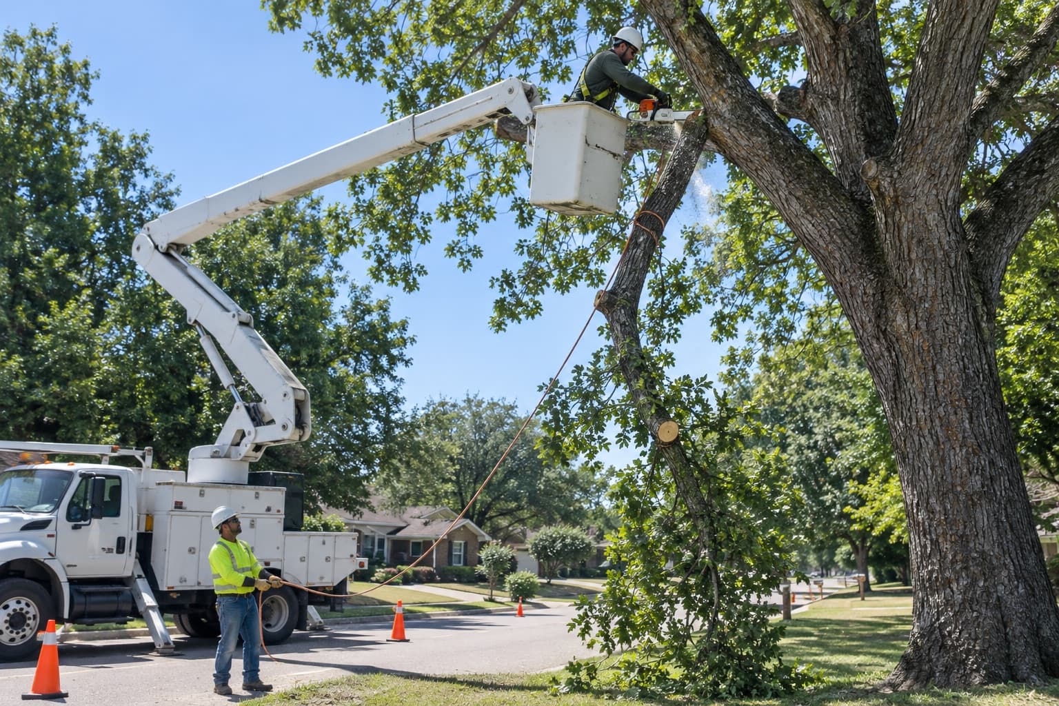An arborist in the bucket of an aerial lift cutting a high pecan limb while a groundworker below guides the rope
