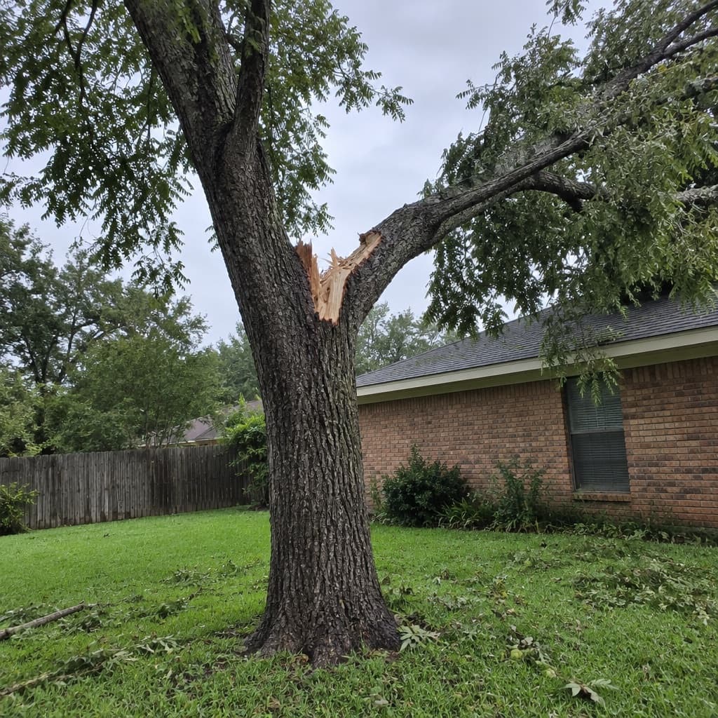 A caller's phone photo of a pecan tree split at its main fork, one half leaning over the roof of a brick house