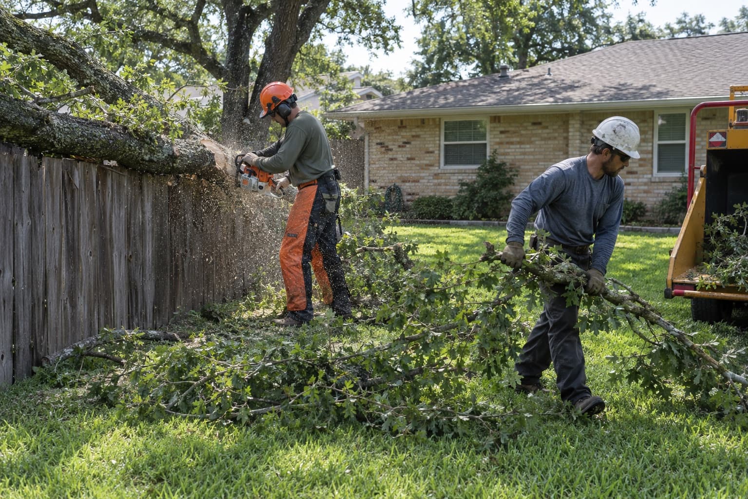 Two tree service workers cutting up an oak limb that fell across a backyard fence