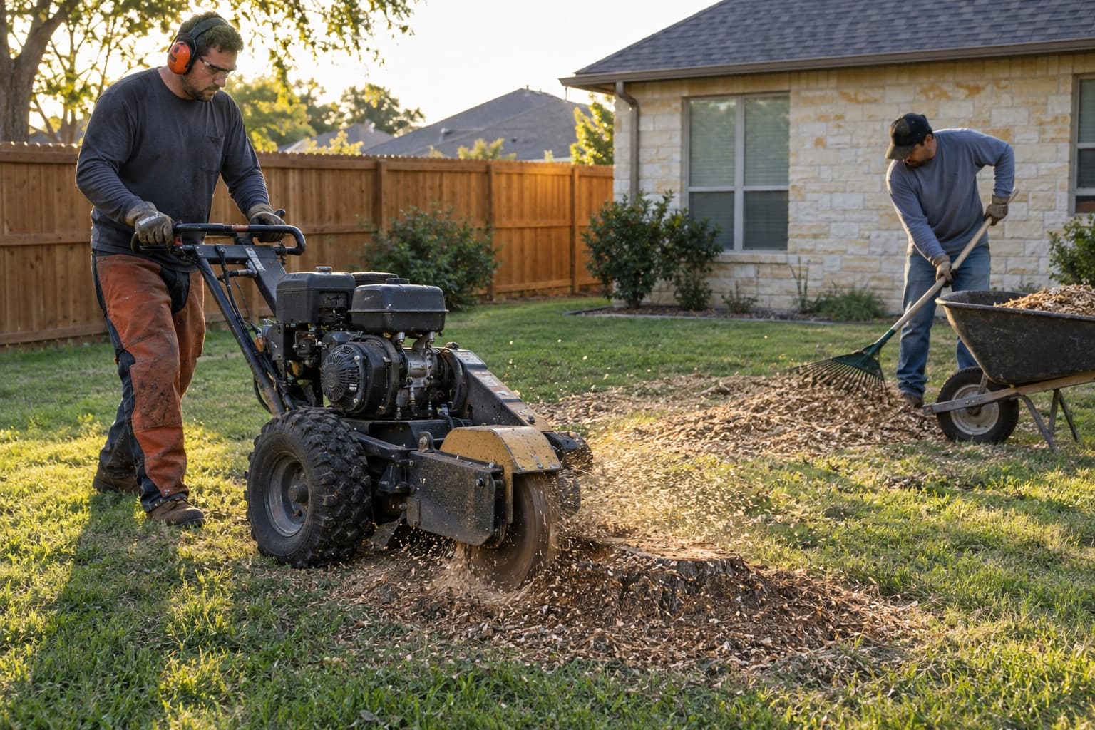 A tree crew grinding out the last stump of the day while a worker rakes the chips into a wheelbarrow