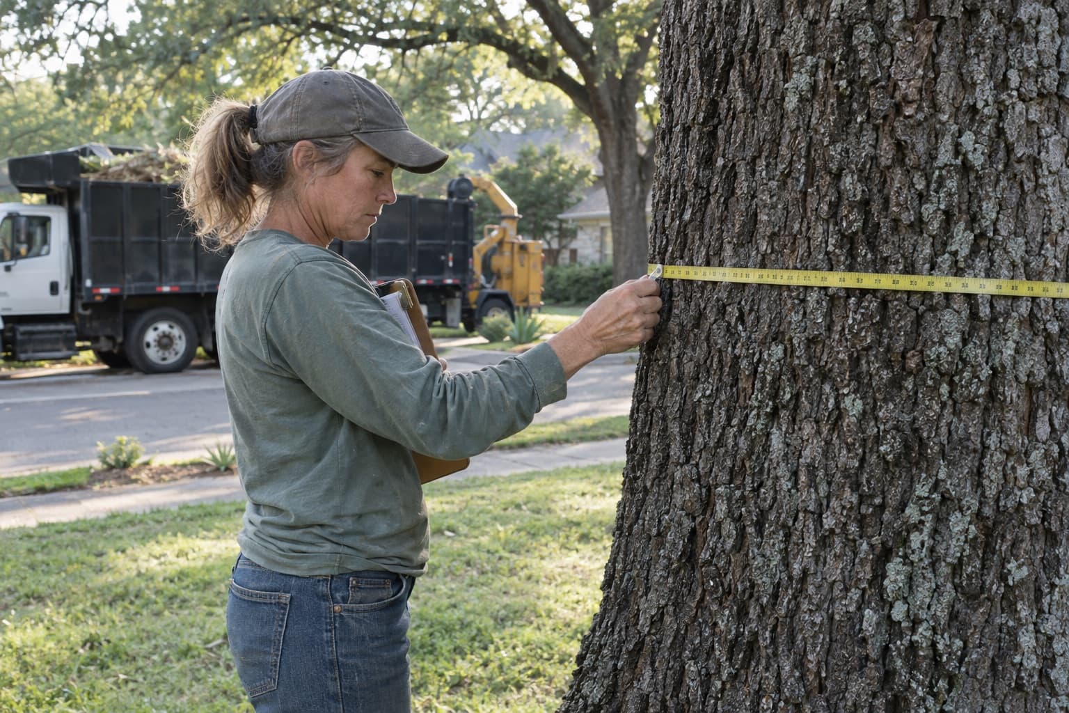 The co-owner of a small tree service wrapping a diameter tape around a large oak trunk in a client's front yard