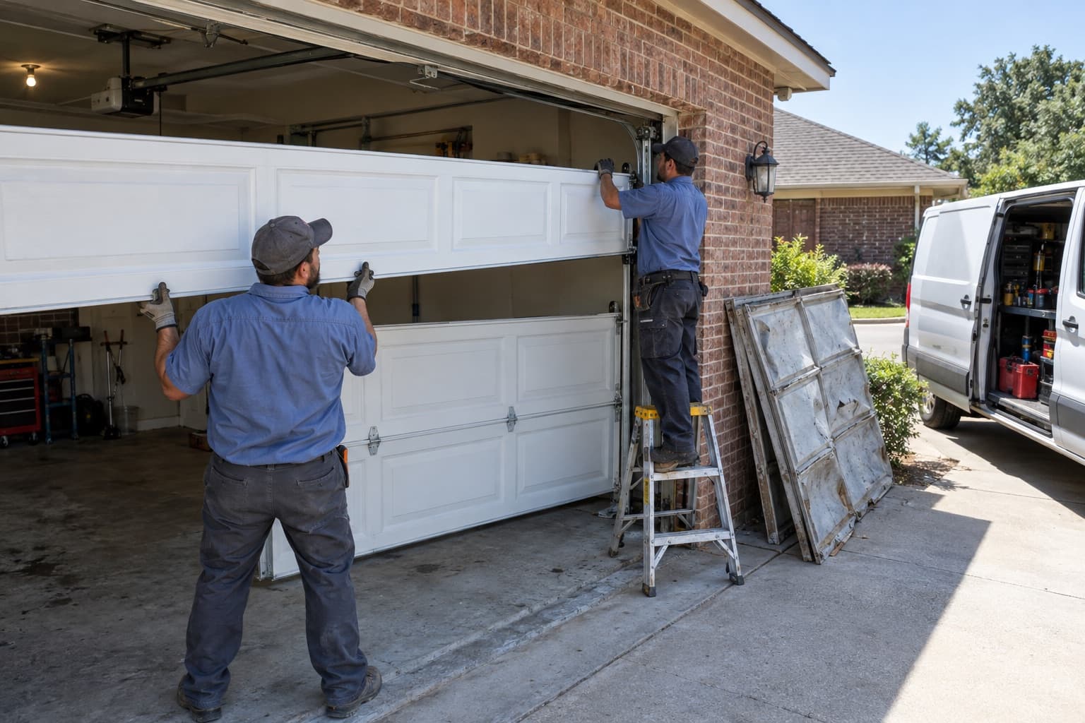 Two garage door technicians setting a new steel door section into the tracks of an open two-car garage