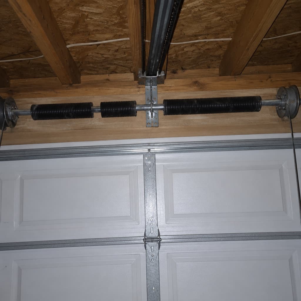 A caller's phone photo of the top of a closed double garage door, one of the two torsion springs on the shaft snapped with a gap in its coil