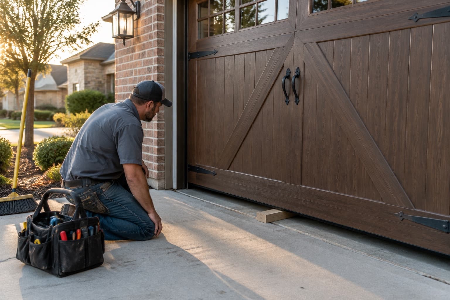 A garage door technician kneeling by a newly installed door as it closes on a wood block, testing that it reverses